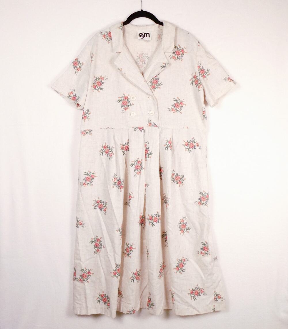 Vintage EJM Linen Blend Floral Dress Size 16 1980s Shirtwaist Button Cottage